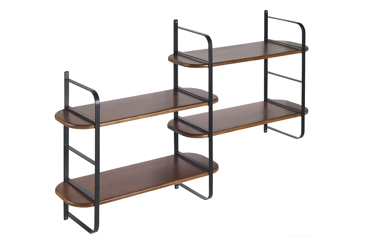 Estanter�a de pared de madera maciza de mango tintada y metal negro, vista de 3/4, tres estantes.