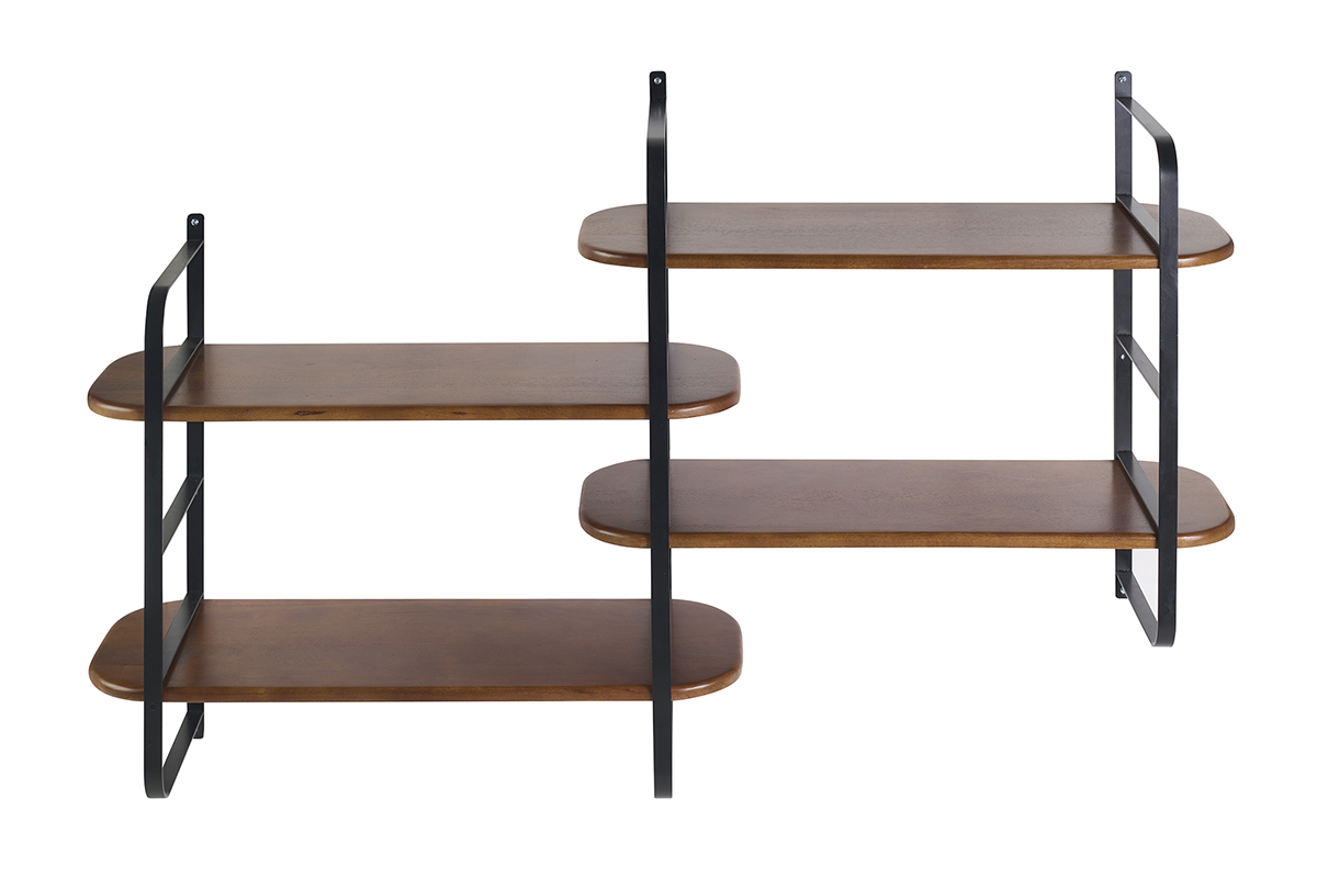 Estanter�a mural AKINA de madera de mango y metal negro, vista frontal, 3 estantes