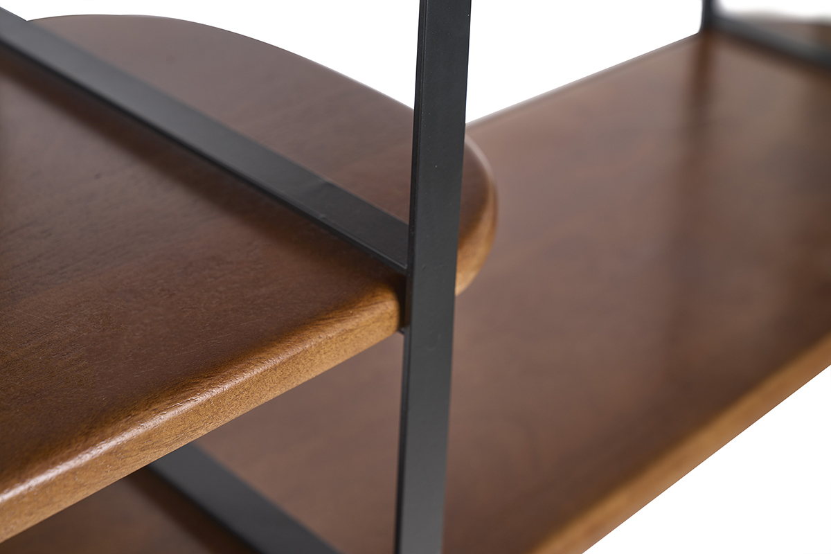 Estanter�a de pared de madera de mango y metal negro vista de cerca, destacando las estanter�as y las ranuras.