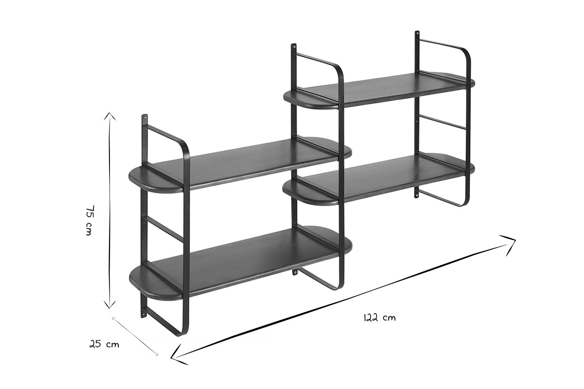 Dimensiones de la estanter�a de pared AKINA en blanco y negro: L122 cm, P25 cm, H75 cm.