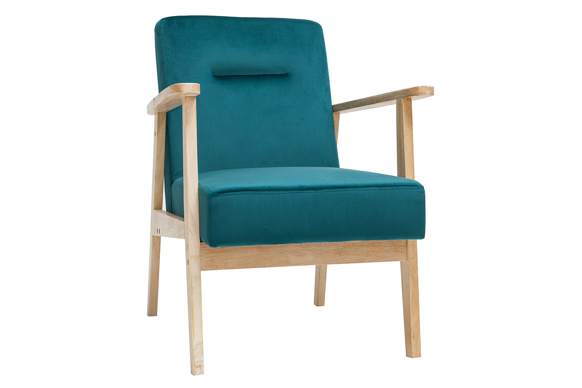Fauteuil nrdico en terciopelo azul petrleo y madera clara ABYSS