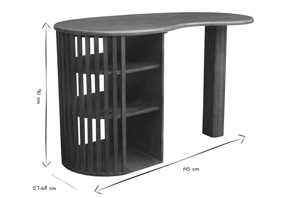 Dimensiones de la mesa de bar LOBIO en blanco y negro, H90 cm, L145 cm, P57-68 cm.
