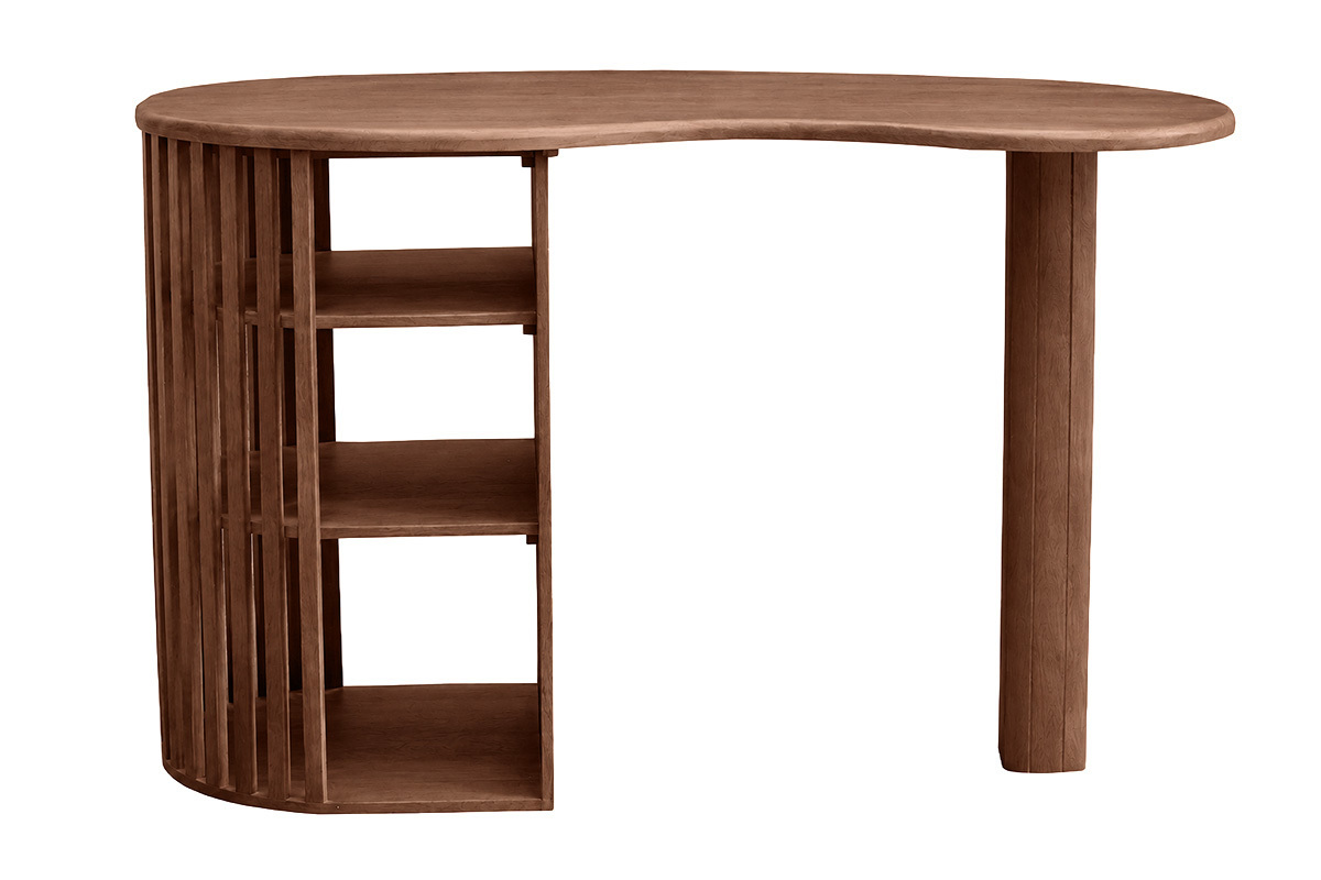 Mesa de bar LOBIO de madera oscura con almacenaje, gruesa tapa redondeada, vista frontal.