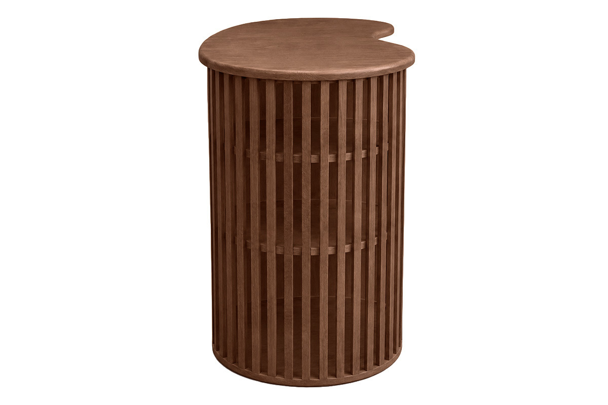 Mesa de bar redonda de madera oscura con almacenamiento, dise�o org�nico y l�neas redondeadas.
