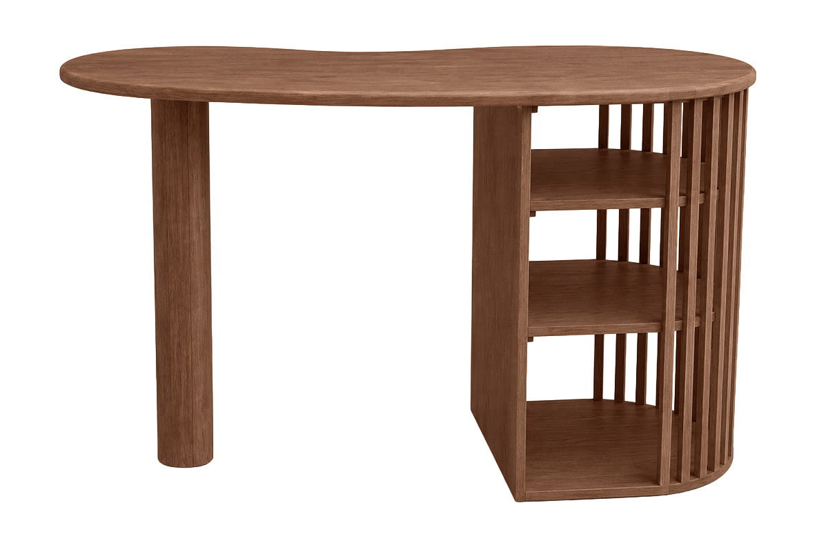 Mesa de bar de madera de mango maciza con almacenaje, vista trasera, tablero redondeado, estilo moderno.