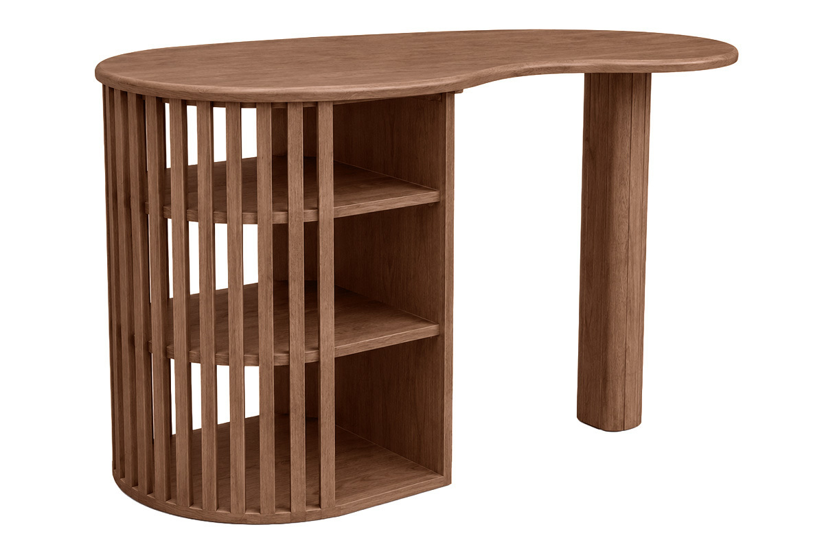 Mesa de bar LOBIO de madera de mango maciza oscura, vista en tres cuartos con almacenamiento integrado.