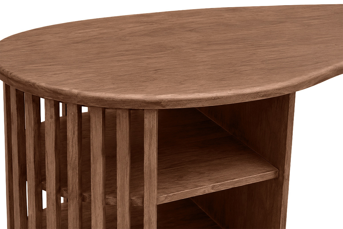 Mesa de bar de madera de mango maciza en color oscuro, con tablero redondeado y almacenamiento lateral, vista de cerca.