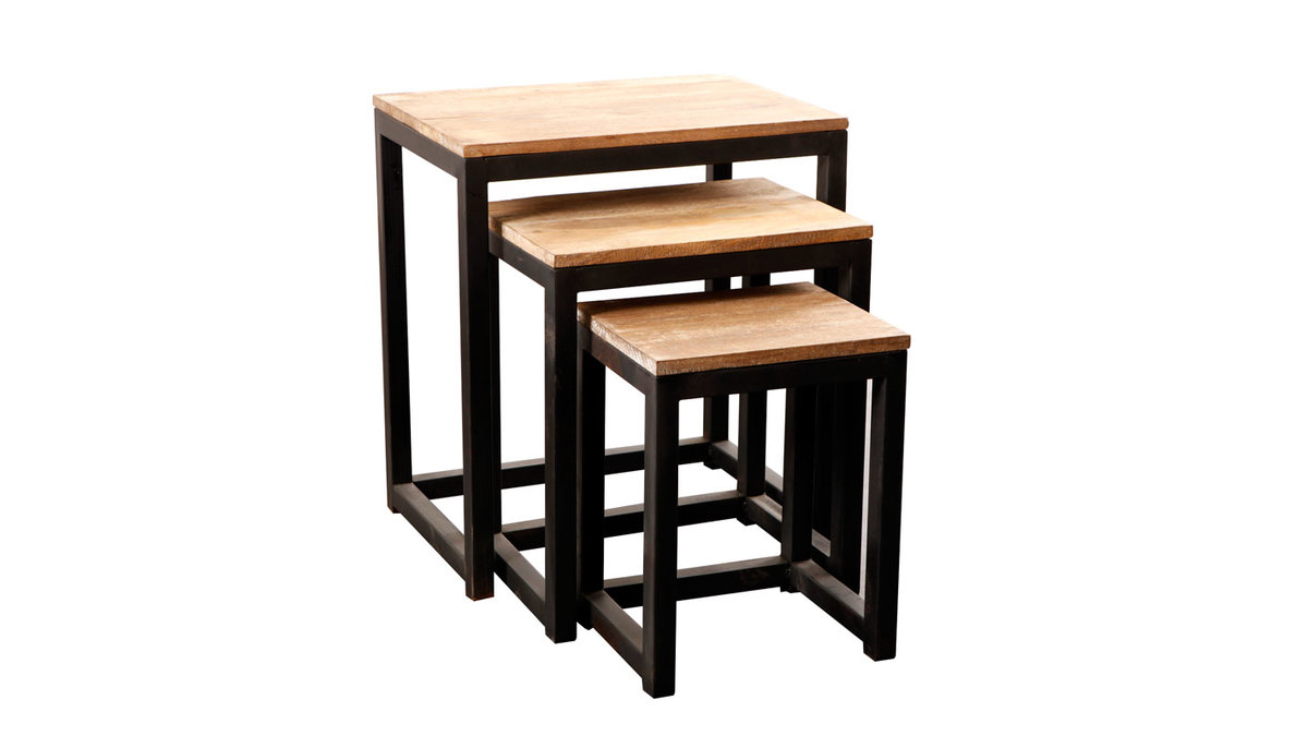Juego de 3 mesas encajables estilo industrial de metal y madera FACTORY
