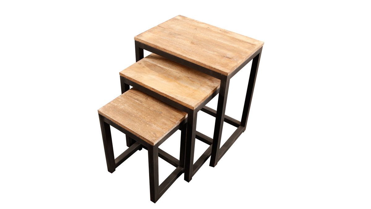 Juego de 3 mesas encajables estilo industrial de metal y madera FACTORY