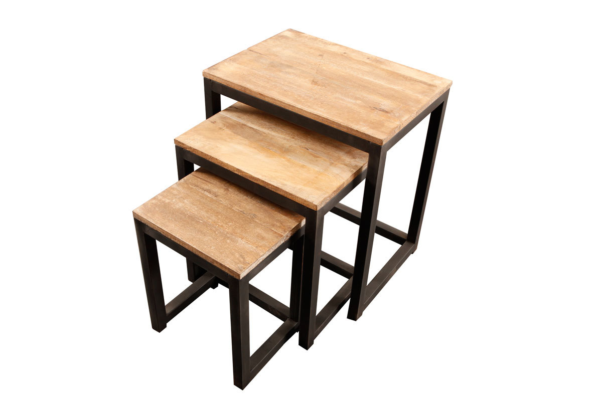 Juego de 3 mesas encajables estilo industrial de metal y madera FACTORY