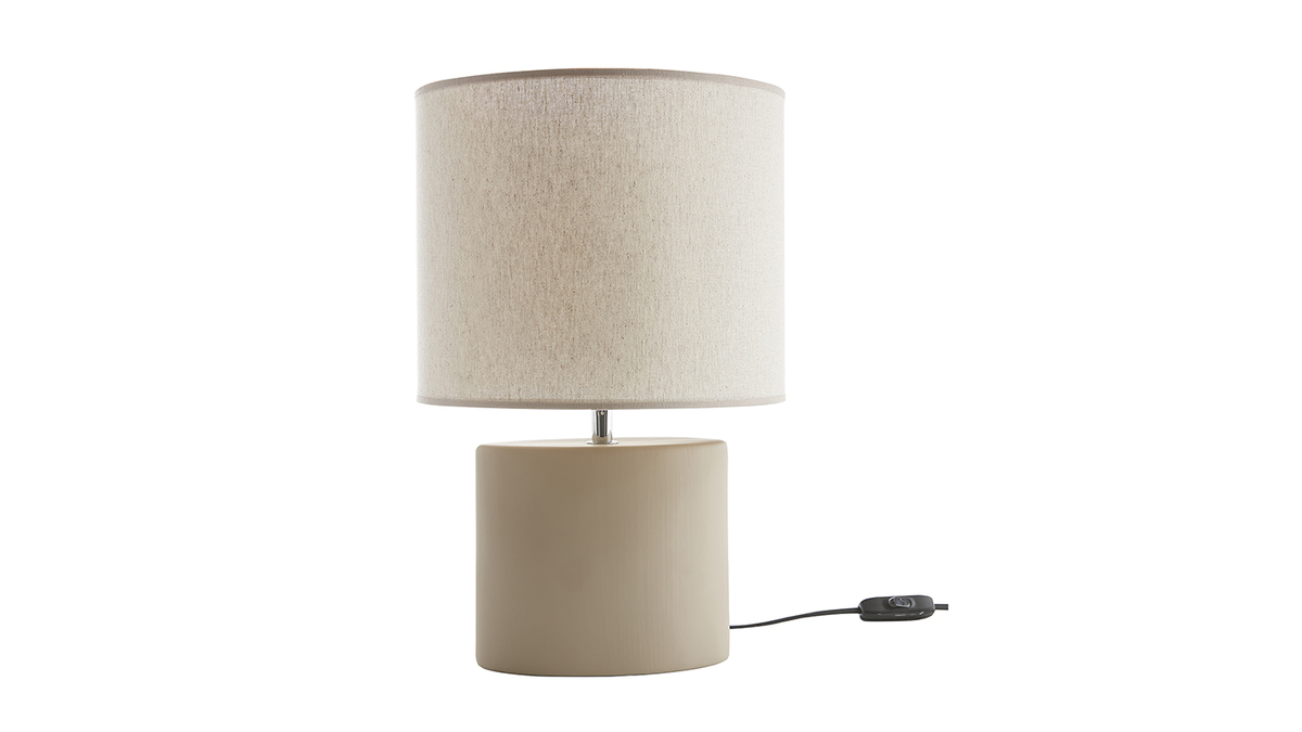 Lámpara de mesa de cerámica color topo mate con pantalla de lino natural TIGA