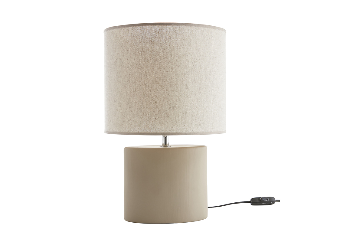 Lmpara de mesa de cermica color topo mate con pantalla de lino natural TIGA