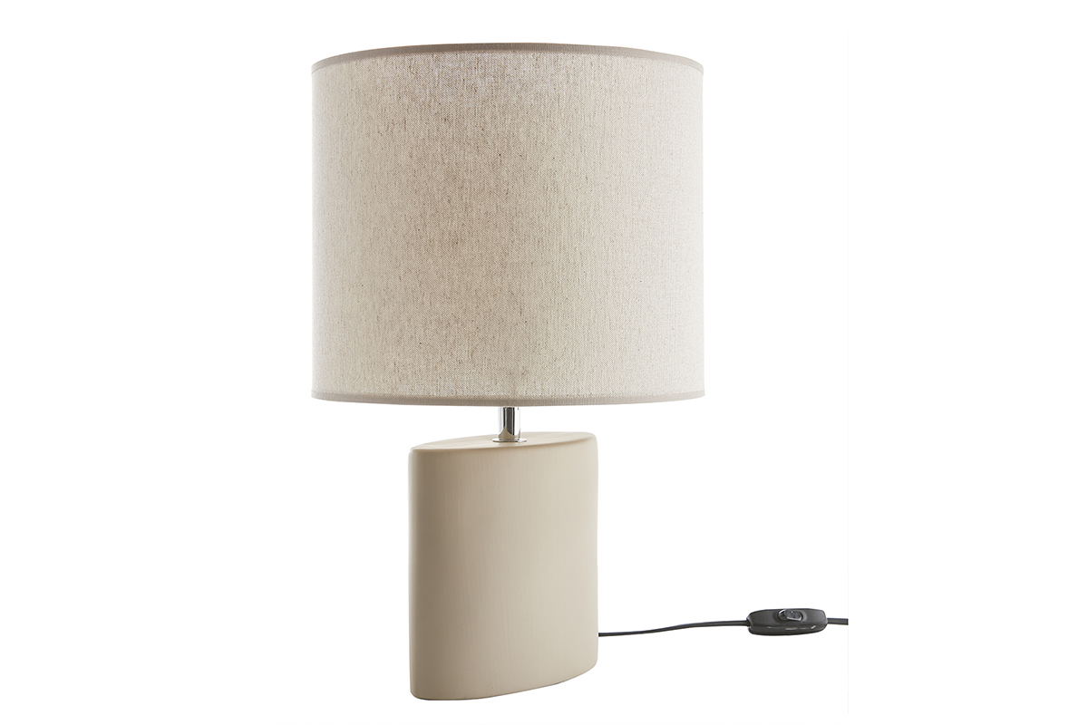 Lmpara de mesa de cermica color topo mate con pantalla de lino natural TIGA