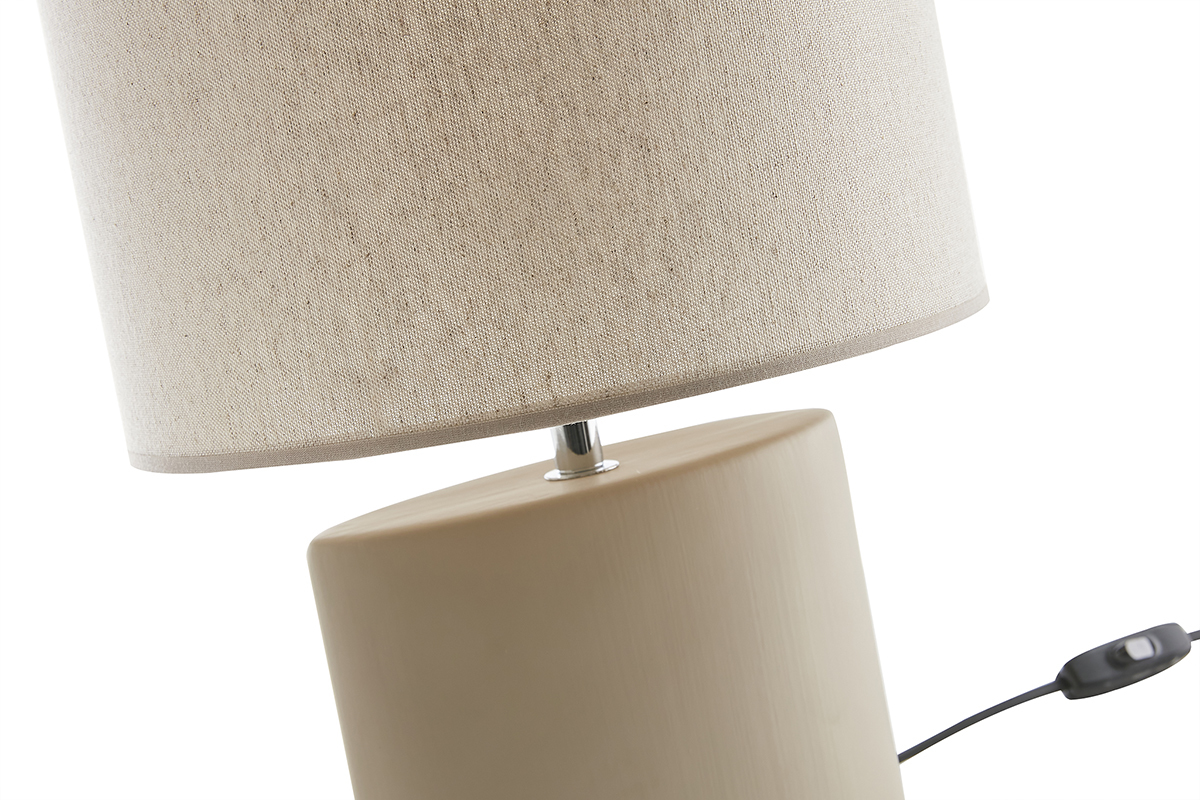 Lmpara de mesa de cermica color topo mate con pantalla de lino natural TIGA