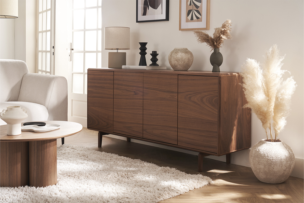 Lmpara de mesa de cermica color topo mate con pantalla de lino natural TIGA