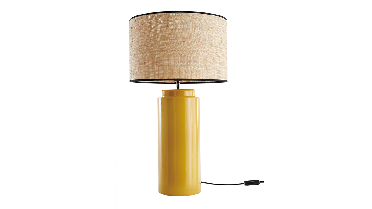 Lmpara de mesa de cermica esmaltada amarilla con pantalla de rafia BERRO