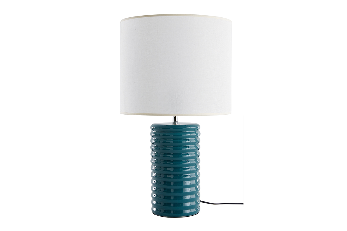 Lmpara de mesa de cermica esmaltada azul petrleo con pantalla de color crudo BERRO