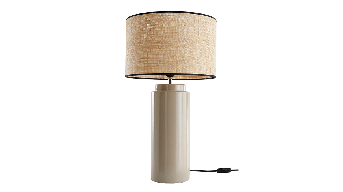 Lámpara de mesa de cerámica esmaltada color topo con pantalla de rafia BERRO
