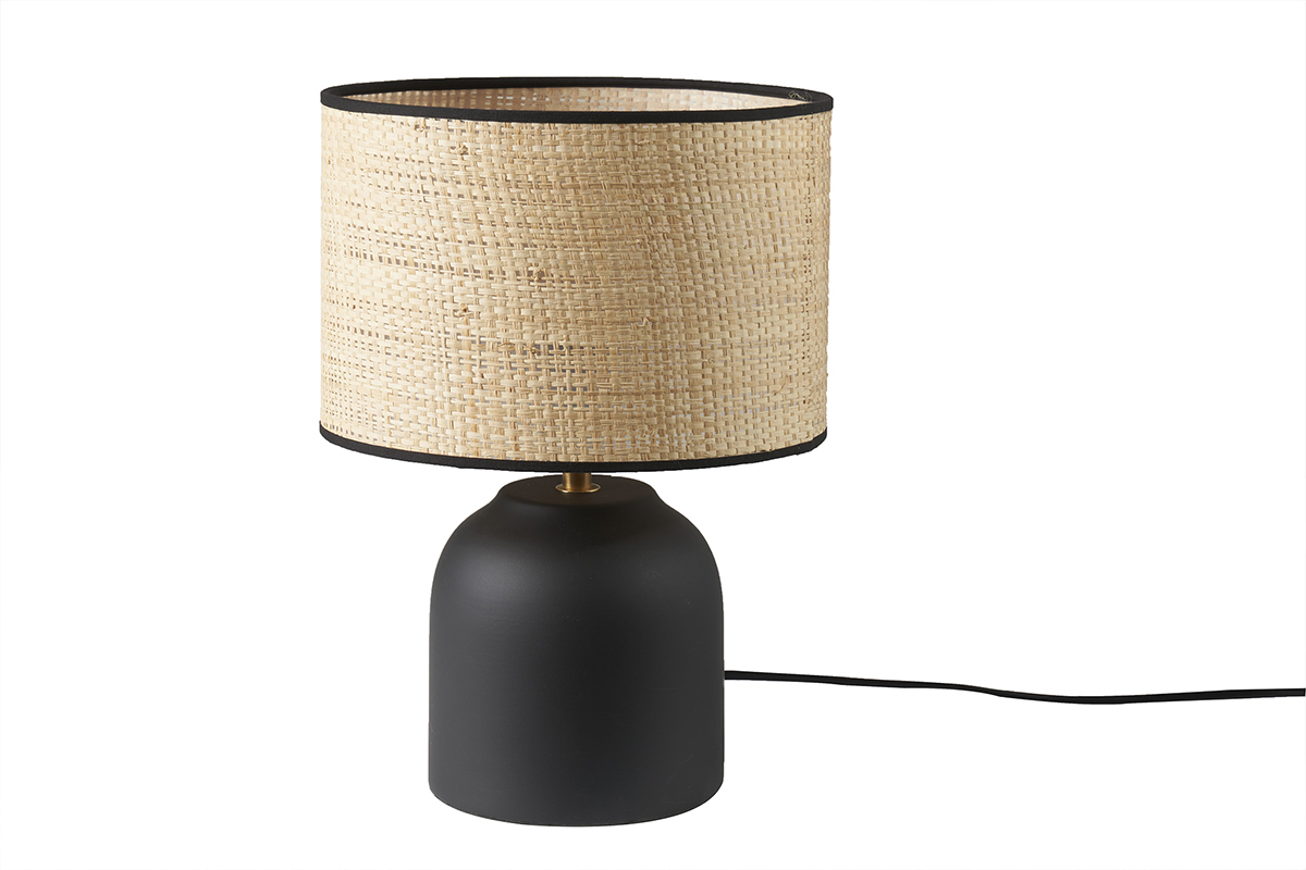 Lmpara de mesa de cermica negra con pantalla de rafia 35 cm ROCHA