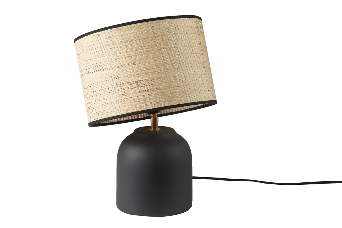 Lmpara de mesa de cermica negra con pantalla de rafia 35 cm ROCHA