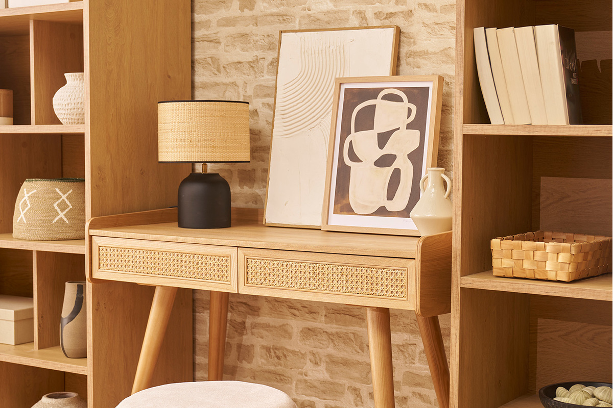 Lmpara de mesa de cermica negra con pantalla de rafia 35 cm ROCHA