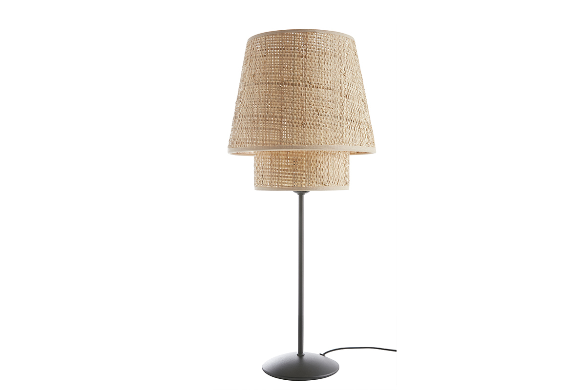 Lámpara de mesa de diseño de rafia y metal negro 52 cm JUME