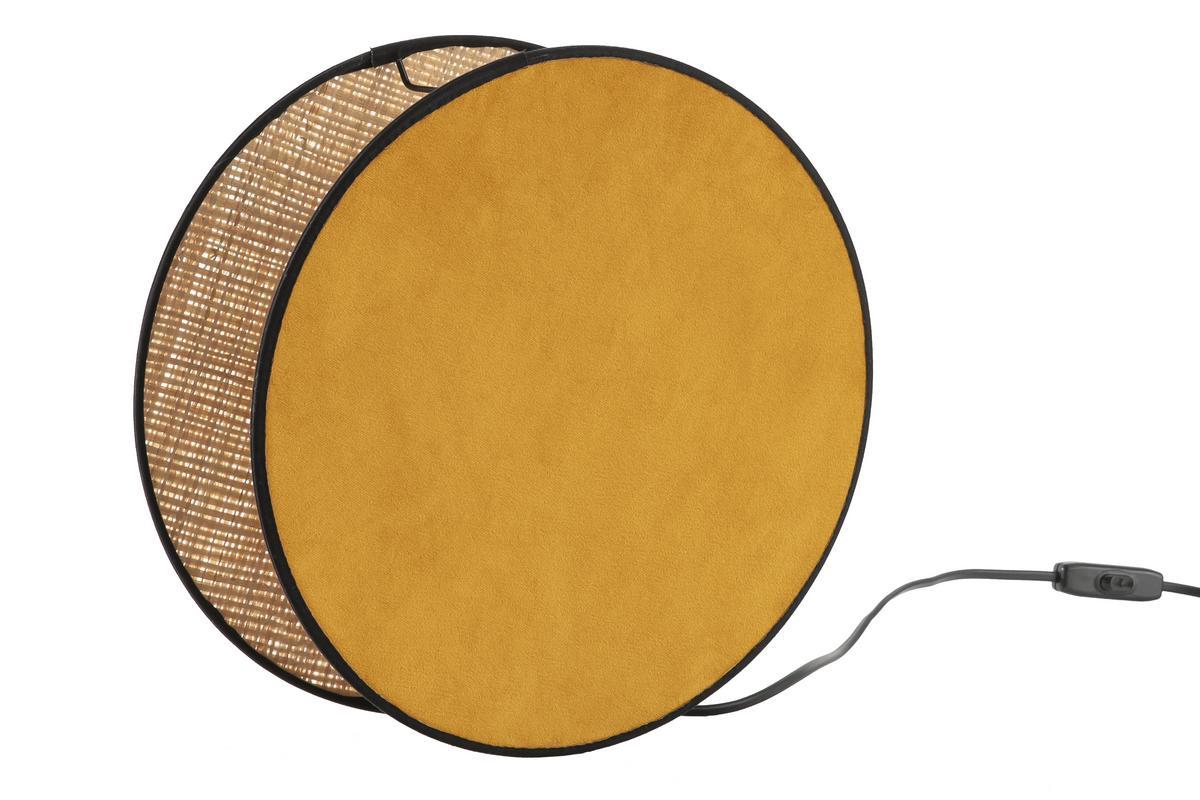 Lmpara de mesa doble material terciopelo amarillo mostaza y rafia 35cm de dim. VERSO