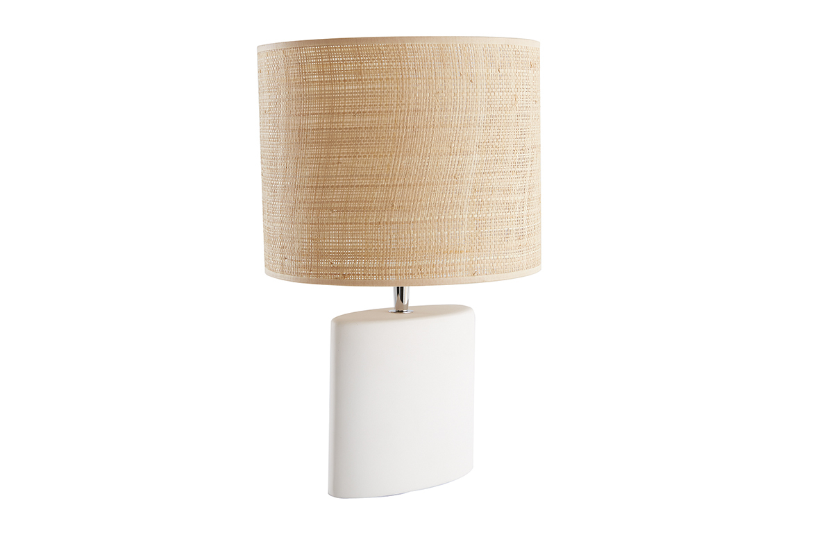 Lmpara de mesa tnica de cermica blanca mate con pantalla de rafia TIGA