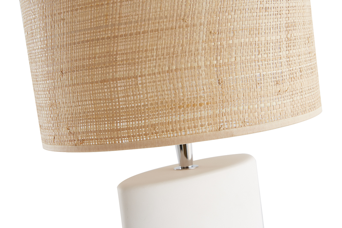 Lmpara de mesa tnica de cermica blanca mate con pantalla de rafia TIGA