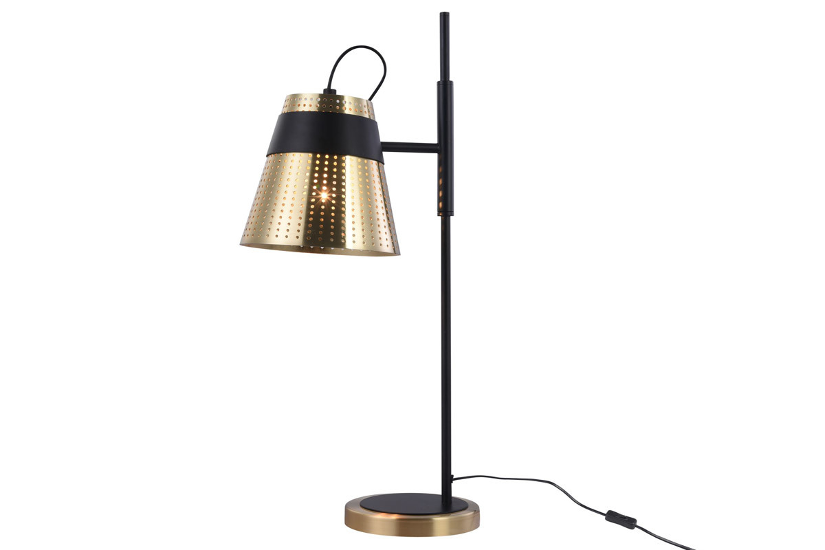L�mpara de mesa moderna metal perforado dorado y negro TRENTO