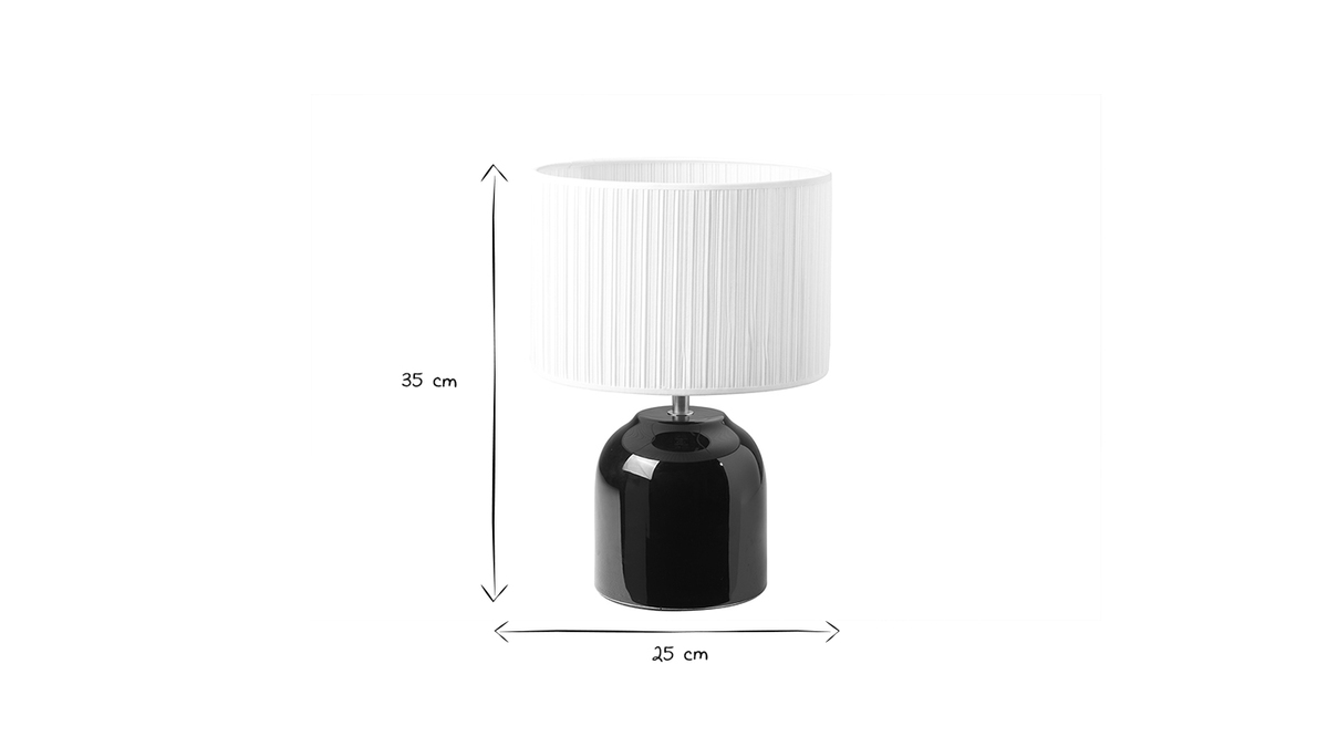 Lmpara de mesa negra de cermica brillante con pantalla de tela plisada blanca 35 cm PIEGA