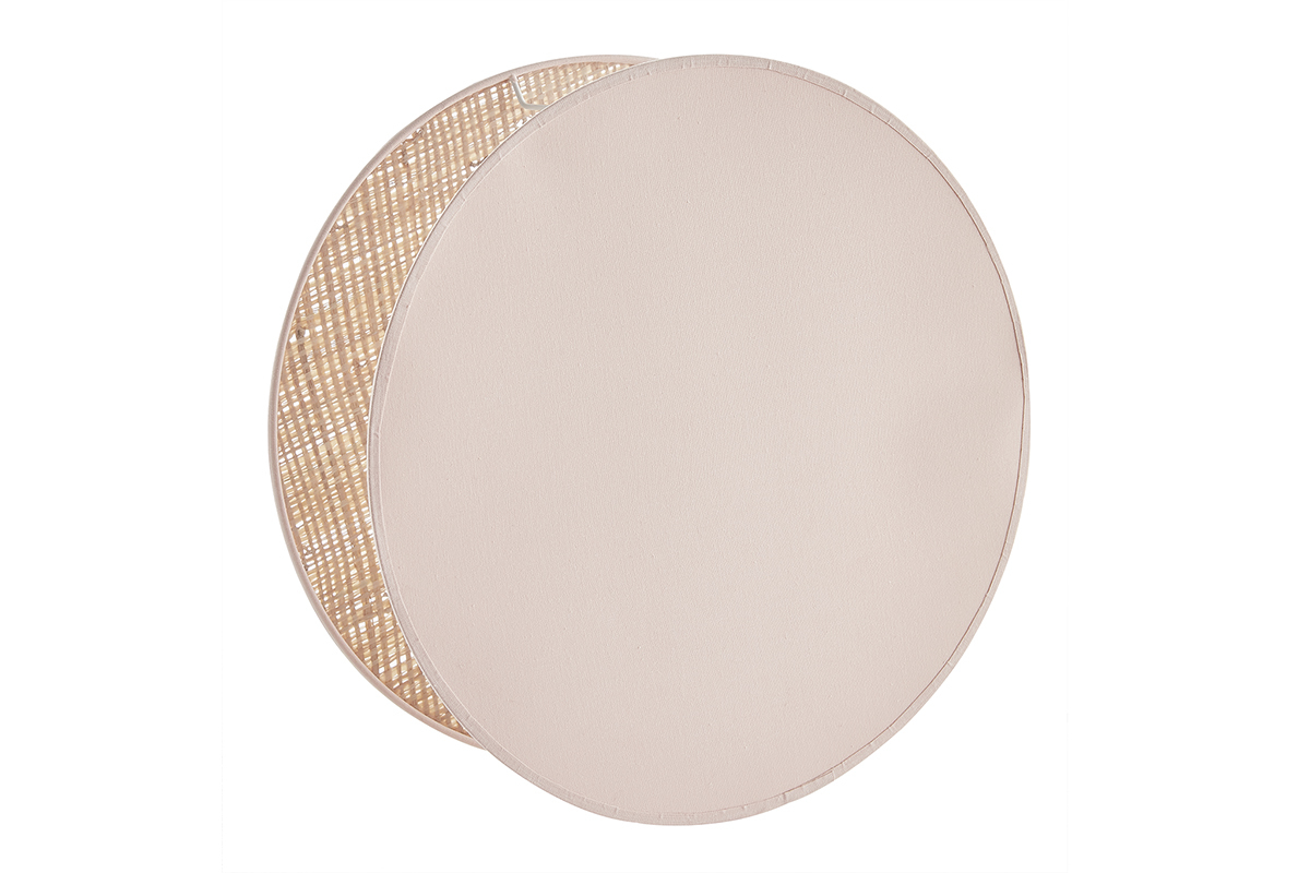 Lmpara de mesa redonda de doble material tela rosa claro y rafia natural 35 cm VERSO