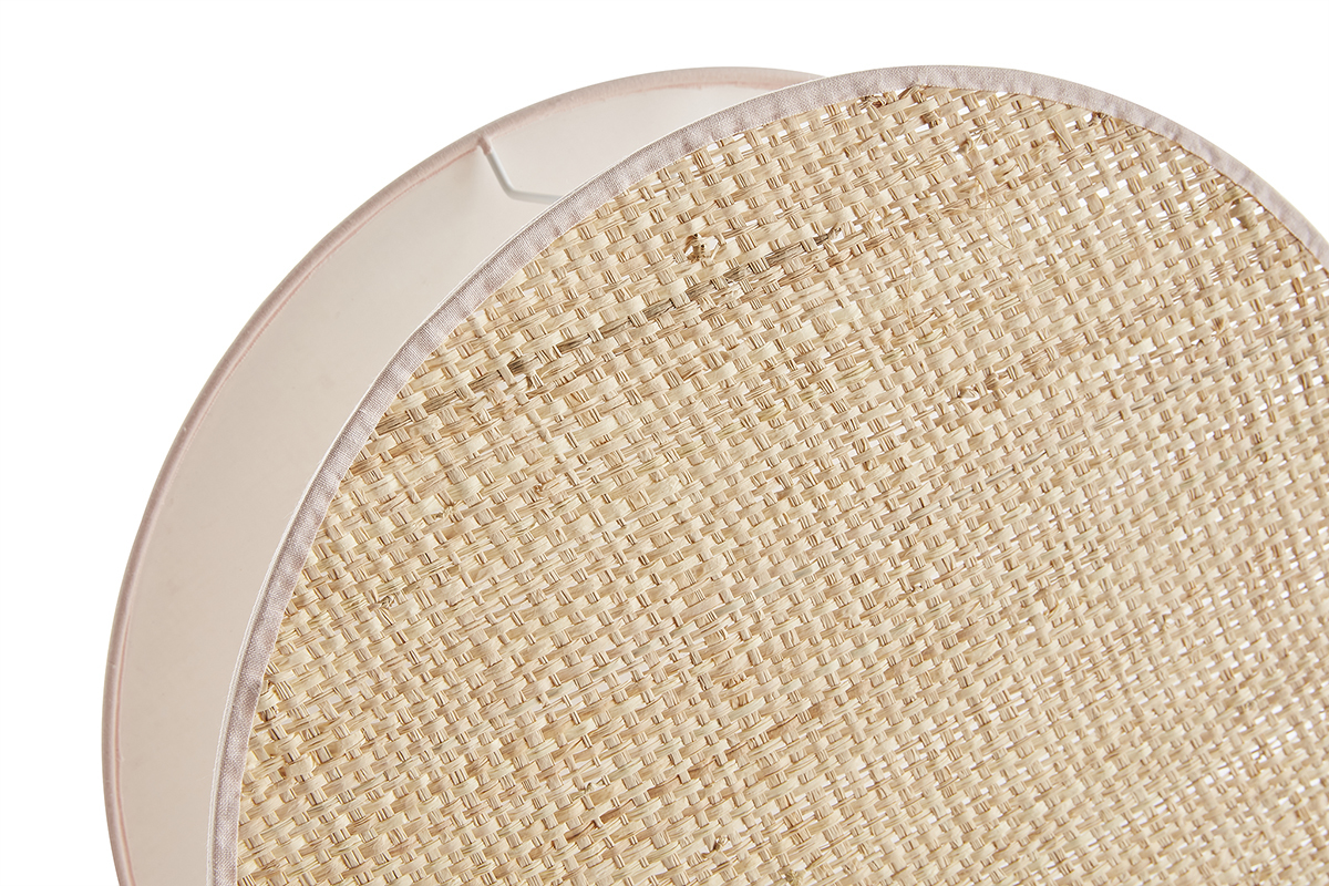 Lmpara de mesa redonda de doble material tela rosa claro y rafia natural 35 cm VERSO