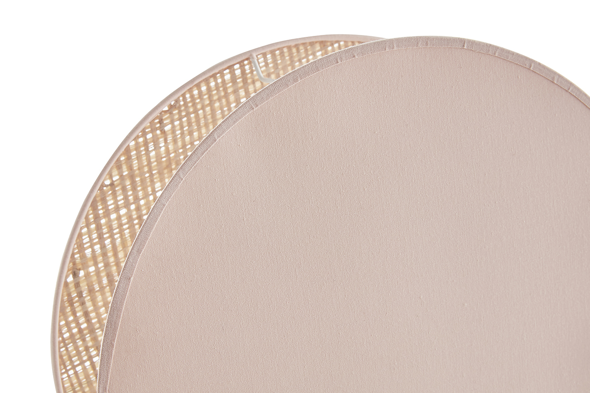 Lmpara de mesa redonda de doble material tela rosa claro y rafia natural 35 cm VERSO