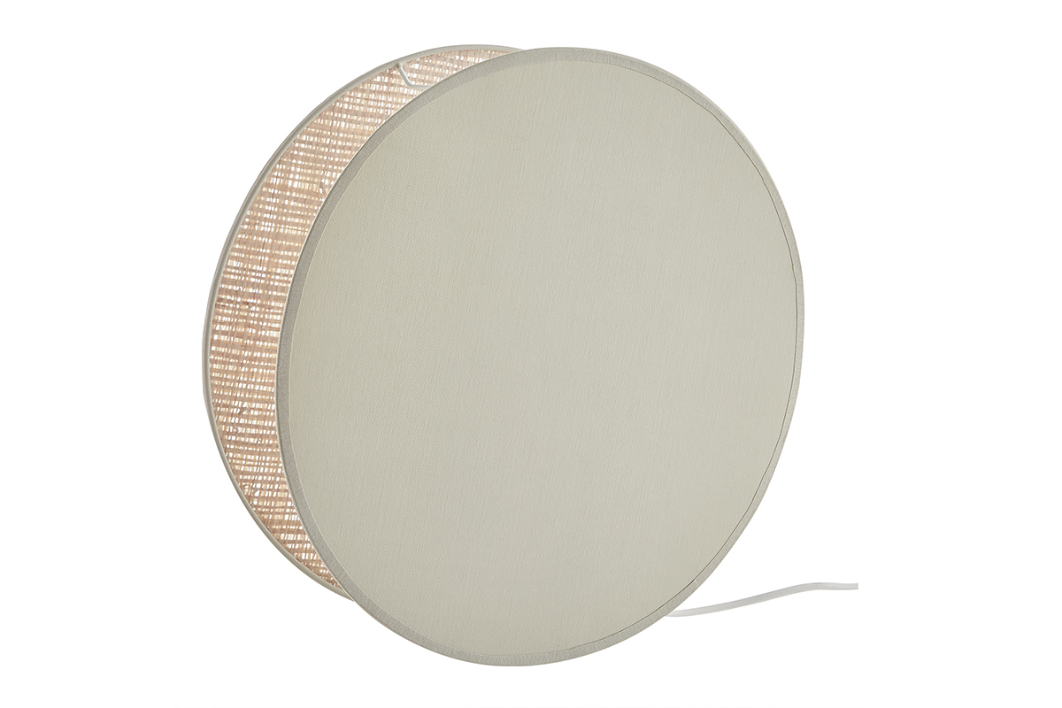 Lmpara de mesa redonda de doble material tela verde salvia y rafia natural 35 cm VERSO