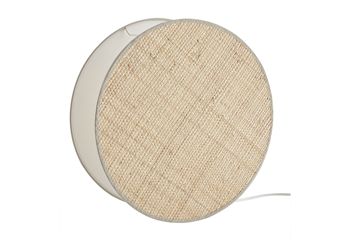 Lmpara de mesa redonda de doble material tela verde salvia y rafia natural 35 cm VERSO