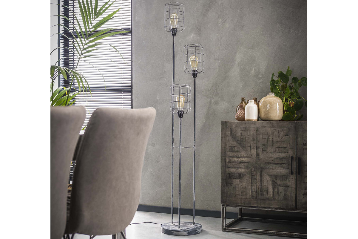 Lmpara de pie industrial metal gris envejecido 3 bombillas LOFT