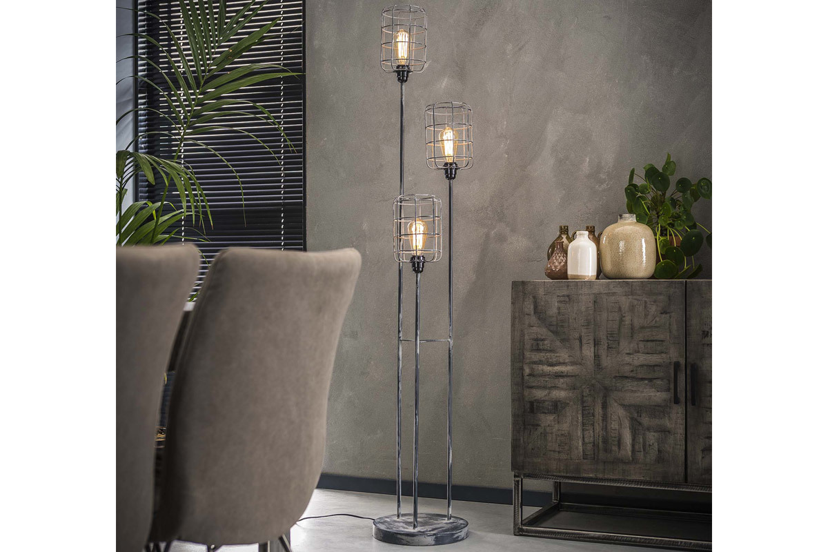 Lmpara de pie industrial metal gris envejecido 3 bombillas LOFT