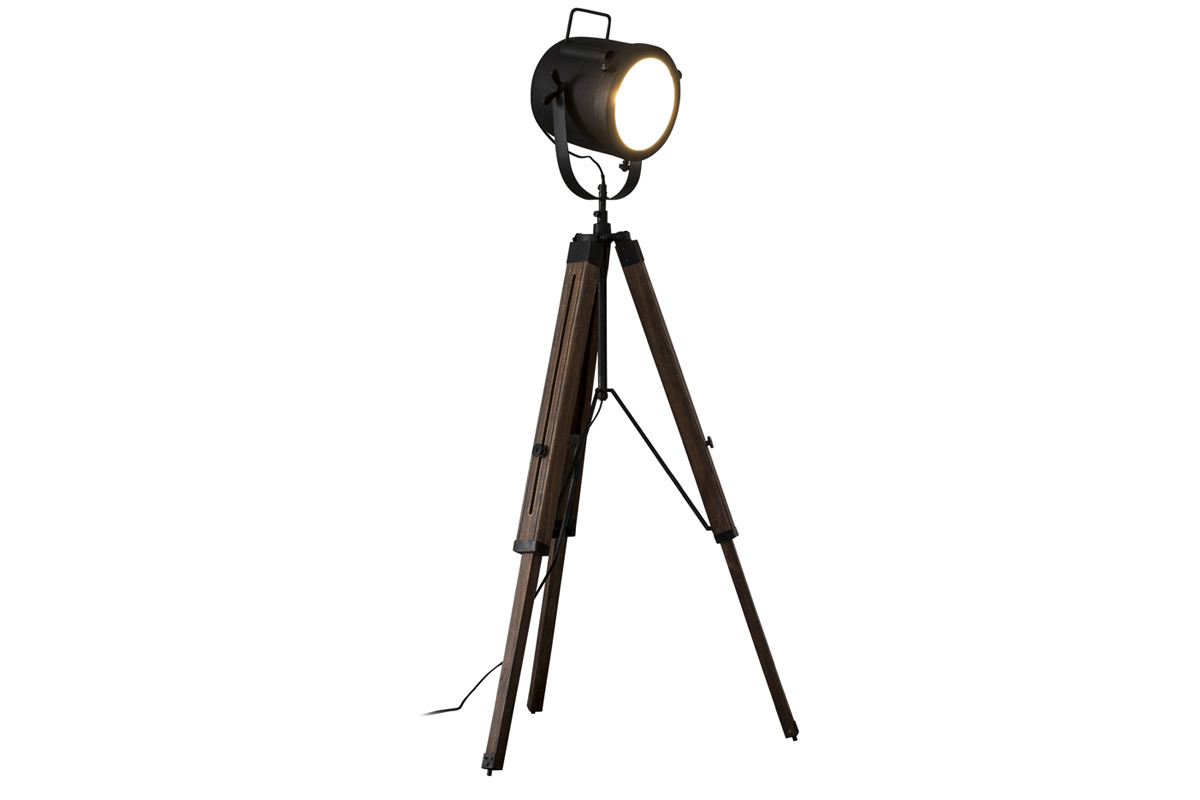 Lmpara de pie industrial trpode madera y metal negro STUDIO