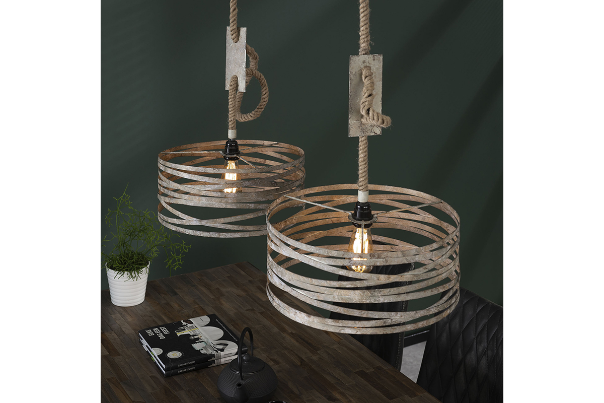 Lmpara de techo 2 bombillas con cuerda en zinc envejecido ROPE