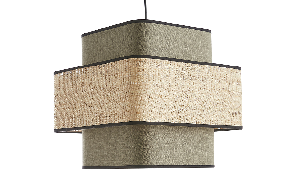 Lmpara de techo colgante de lino verde caqui y rafia natural 35 cm TERA