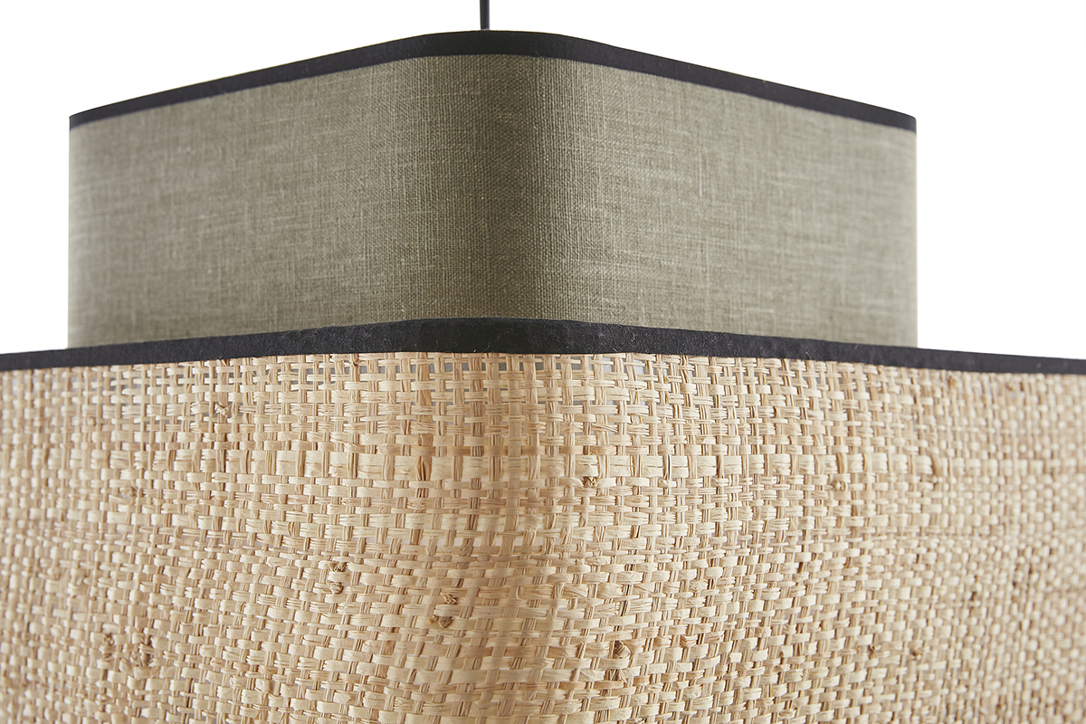 Lmpara de techo colgante de lino verde caqui y rafia natural 35 cm TERA