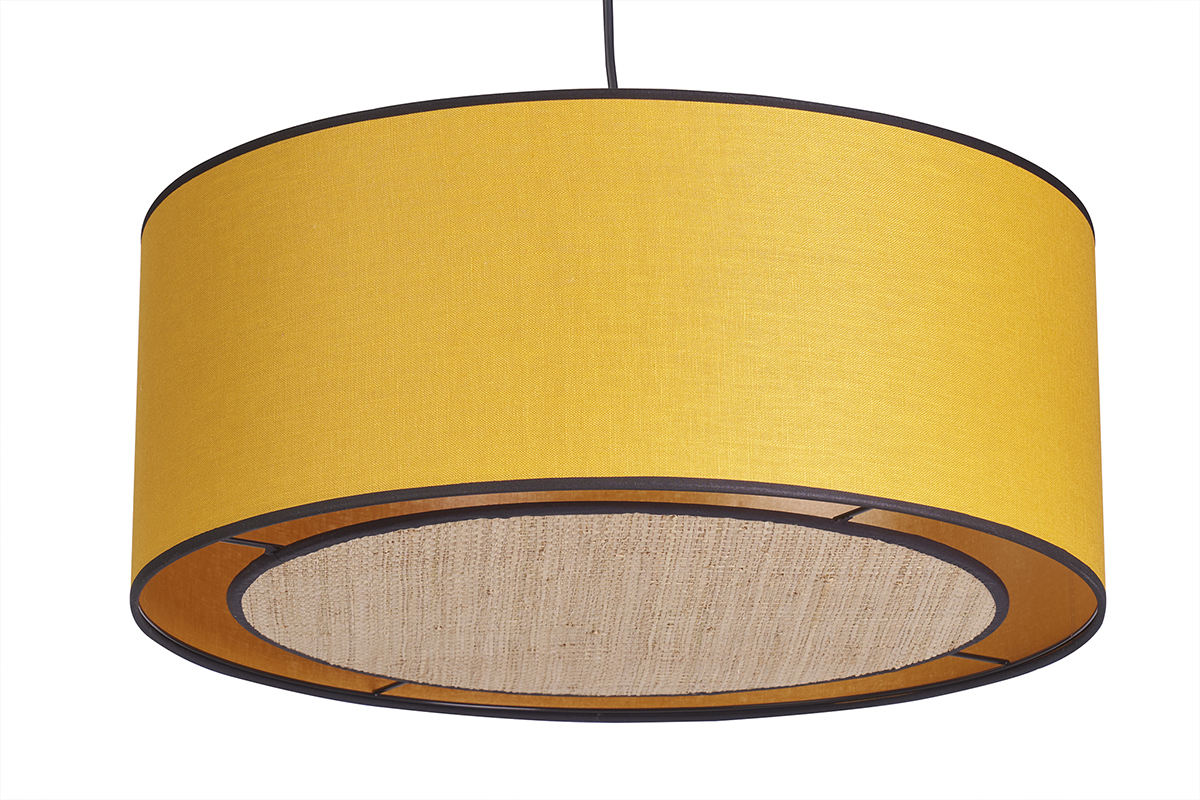 Lmpara de techo de lino amarillo mostaza y rafia 50cm de dim. TRAVES