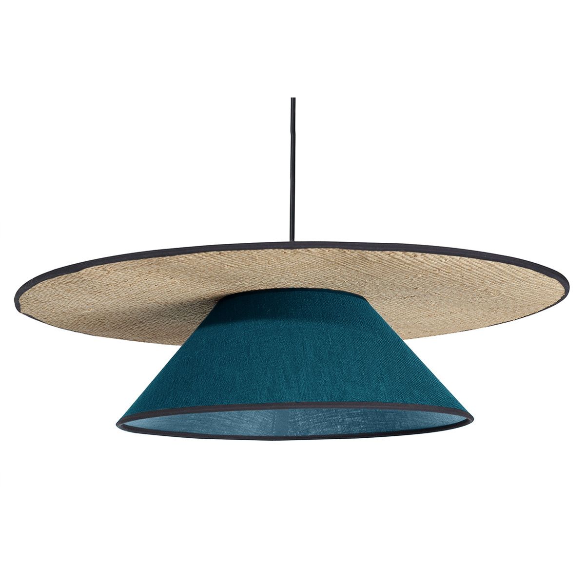 Lámpara de techo de lino azul pavo real y rafia natural 55 cm AZAMI