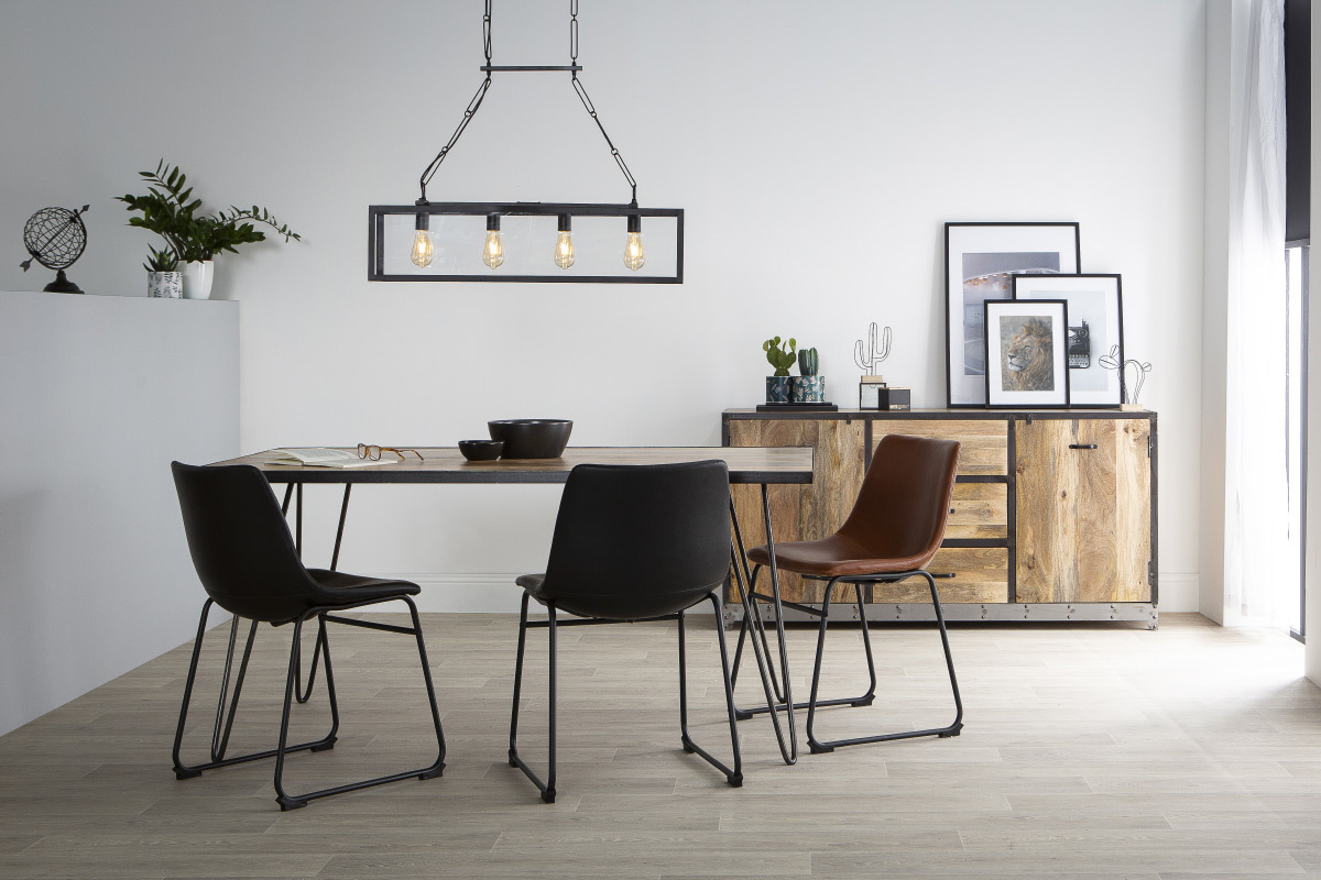 L�mpara de techo industrial 4 bombillas metal negro y cristal GALERIA