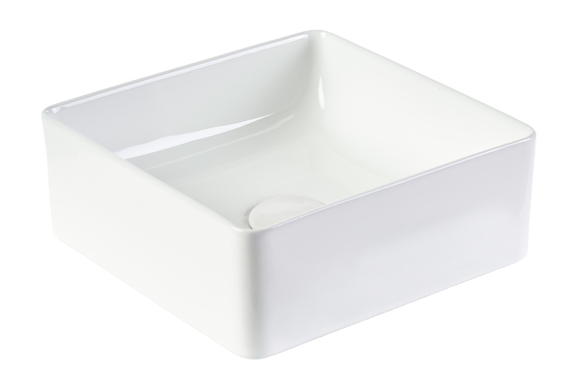 Lavabo cuadrado de cer�mica blanca, vista en tres cuartos, dimensiones L30,5 cm.