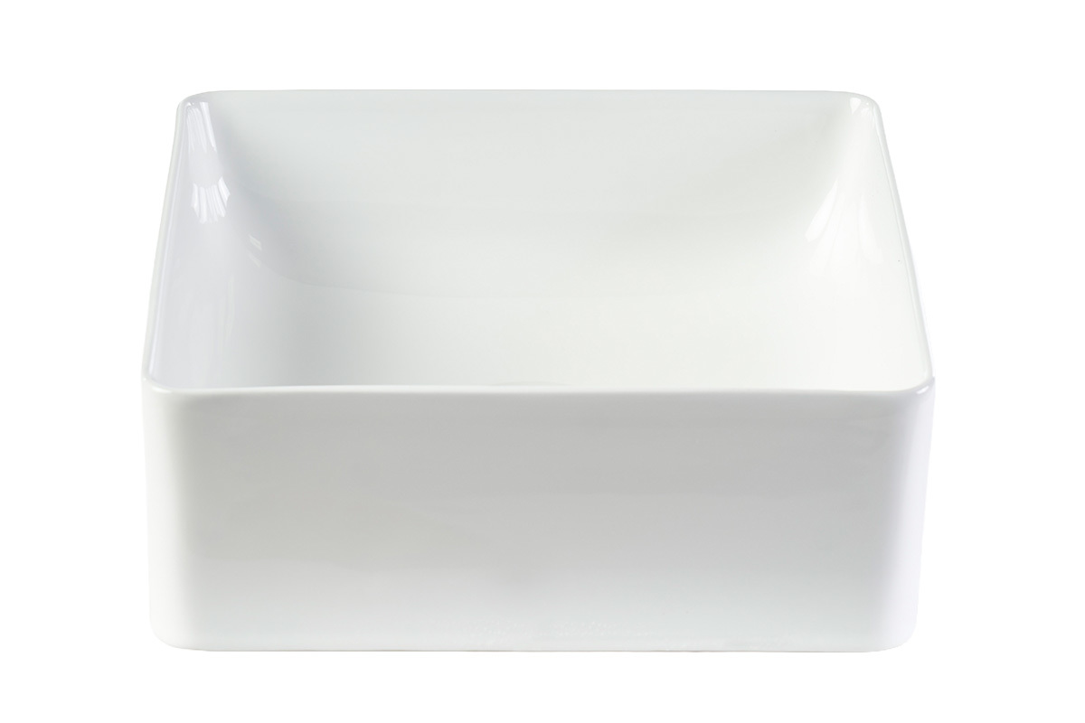 Lavabo cuadrado de cer�mica blanca visto de frente, dimensiones L30,5 x P30,5 x H12 cm.