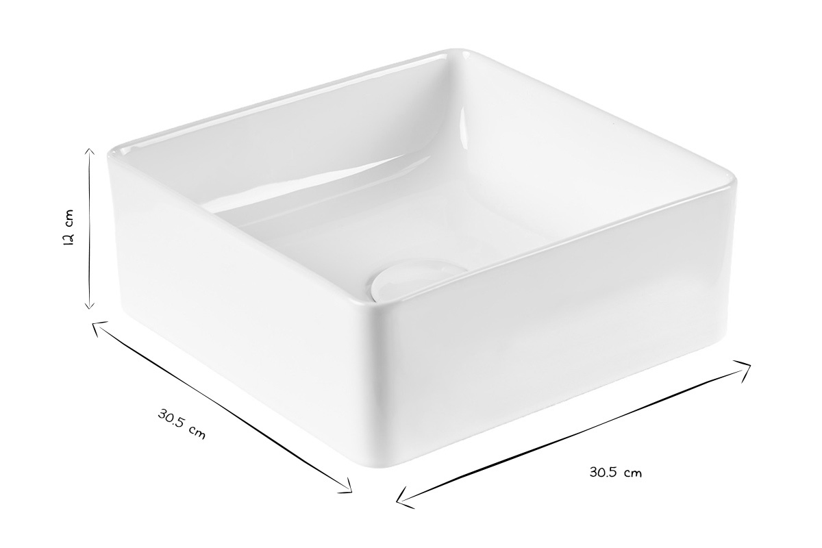 Lavabo cuadrado de cer�mica blanca L30,5 cm, dimensiones en blanco y negro: 30,5x30,5x12 cm.