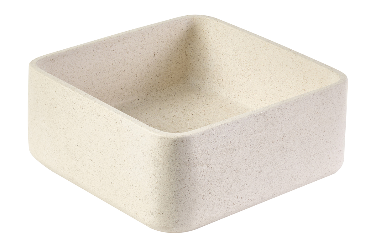 Lavabo cuadrado de piedra natural beige de 30 cm, vista de 3/4 con bordes redondeados.