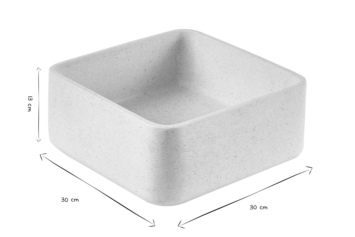 Lavabo cuadrado de piedra natural beige 30x30x13 cm, vista en blanco y negro, dimensiones mostradas